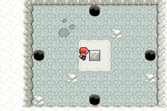 Dotted Hole B4F: the player beside a square stone panel in the middle of the floor, with a dark hole to the north, east, south and west