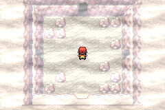 The foggy second room of the Lost Cave with twelve rocks on its floor, the player in the middle facing the north exit