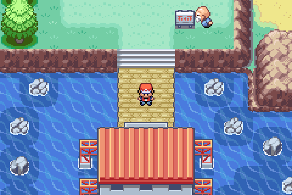 The player on the harbor pier of One Island in Pokémon LeafGreen