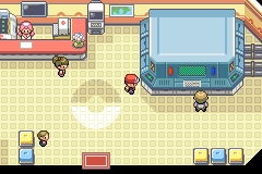 Celio beside the network machine in One Island’s Pokémon Center in Pokémon LeafGreen