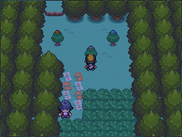 This clearing has three trees: red on the upper left, blue on the upper right, and black below them. in Pokémon HeartGold.