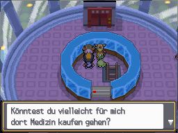 Jasmine asking for medicine beside Amphy in the Olivine Lighthouse in HeartGold