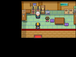 Kurt at his workbench with his granddaughter in Azalea Town in HeartGold