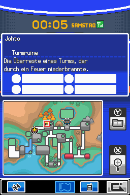 Both HeartGold DS screens showing the Pokégear map with Raikou and Entei icons on Johto routes