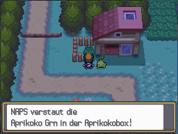 A green Apricorn being placed in the Apricorn Box beside a Route 30 tree in HeartGold