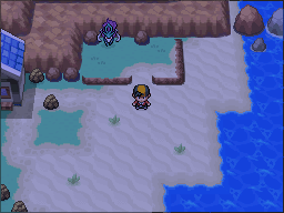 Suicune waiting on the northern rocky ledge of Cianwood City in HeartGold