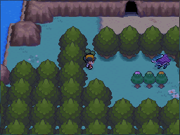 Suicune beside three Apricorn trees on Route 42 in HeartGold