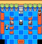 The two female Battle Frontier move tutors facing the player: red arrow 1 marks the left tutor and red arrow 2 the right tutor