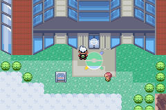The Battle Tower entrance and plaza at Pokémon Emerald's Battle Frontier.