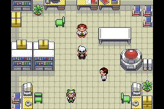 Professor Birch standing in his Littleroot Town laboratory in Pokémon Emerald.