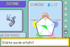 The Emerald condition screen shows real increase arrows after Barboach eats the Olive Pokéblock.