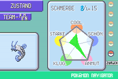 Emerald PokéNav condition graph for Quiet Barboach SCHMERBE shows maximized Cute and its remaining Sheen dots.
