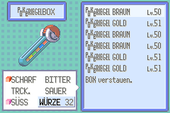 The Emerald Case holds three Brown Level 50 and three Gold Level 51 Watmel Pokéblocks, each with Feel 32.