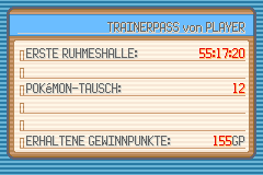 Emerald Trainer Card reverse shows first Hall of Fame time, Pokémon trades and earned Battle Points.