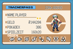 Actual two-star copper Trainer Card in Emerald, with eight badges, 386 registered Pokémon and two visible gold stars.
