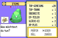 The Orange Mail action menu in the Items pocket, with GEBEN selected