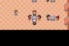Three NPC partners around the Berry Blender inside Lilycove Contest Hall in Emerald.