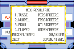 Actual Emerald blending results list Cheri, Pecha, Rawst and Aspear Berries and a top speed of 89.48 RPM.