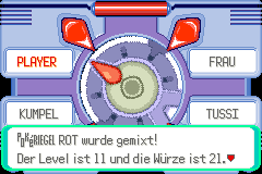Emerald announces a Red Pokéblock with Level 11 and Feel 21 after blending.