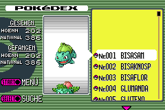 The supplied Pokémon Emerald save’s Pokédex menu showing 202 Hoenn Pokémon seen and caught and 386 National Pokémon seen and caught.