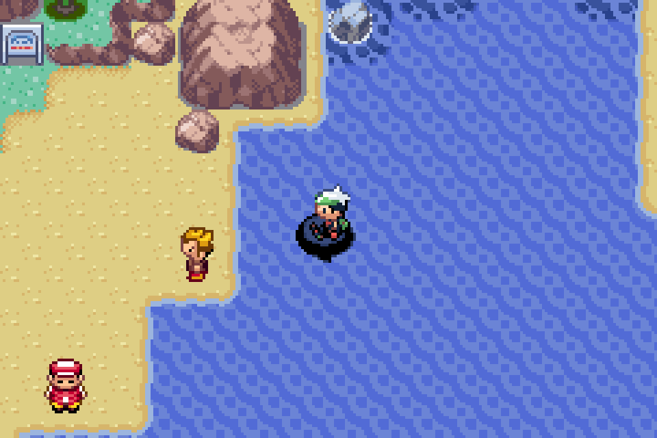 The player surfing on the Route 118 river in Pokémon Emerald, with a trainer on the sandy bank