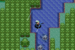 The protagonist surfing on the northern river of Route 119 with a fishing bite indicator overhead