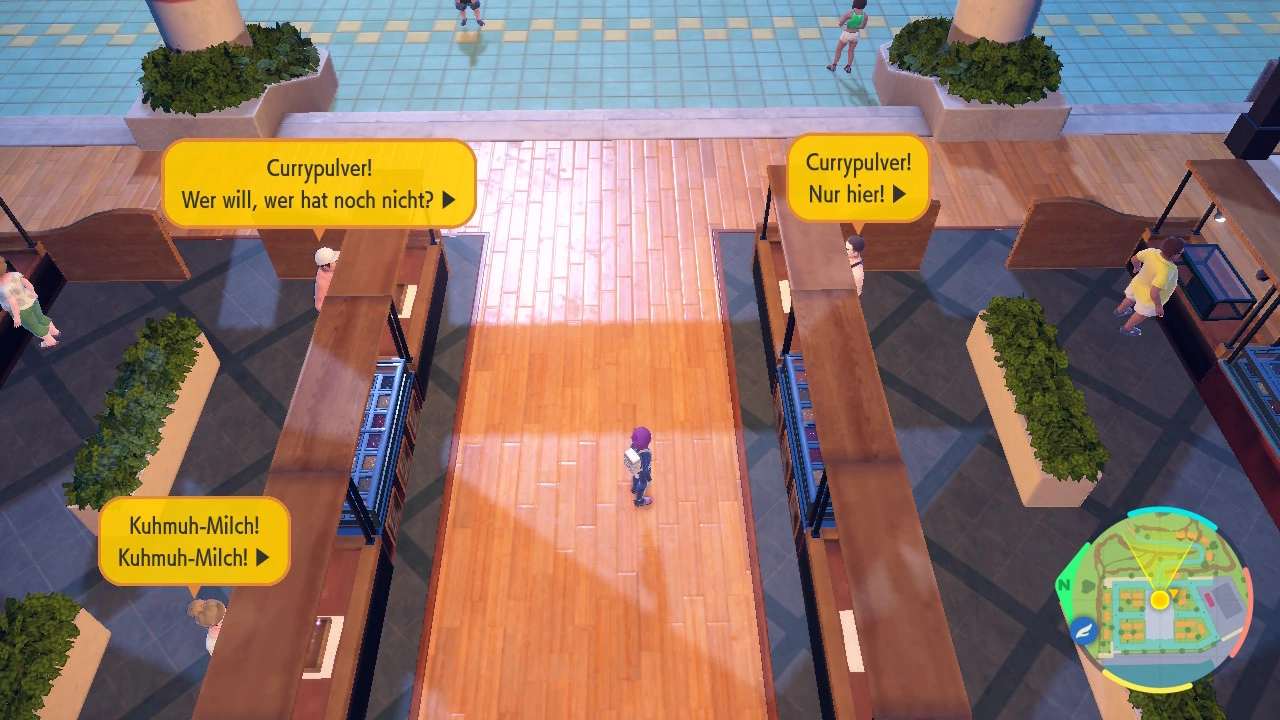 Vendors under the covered market in Porto Marinada in Pokémon Scarlet