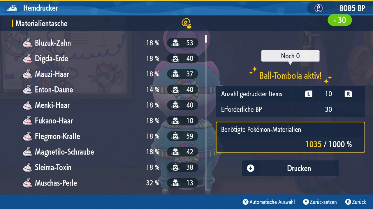 The Item Printer menu shows active Poké Ball Lotto, ten jobs and a 30 BP cost in Pokémon Scarlet