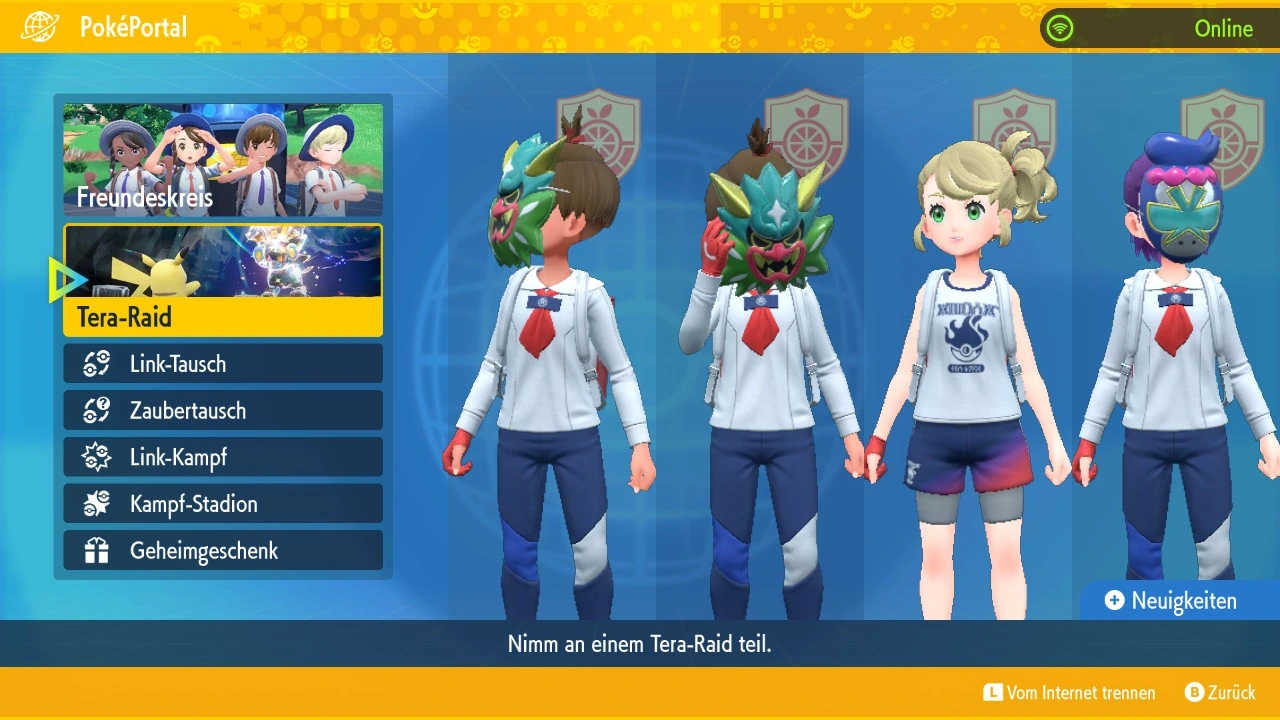 Poké Portal menu with Union Circle at the top and four players together in Pokémon Scarlet