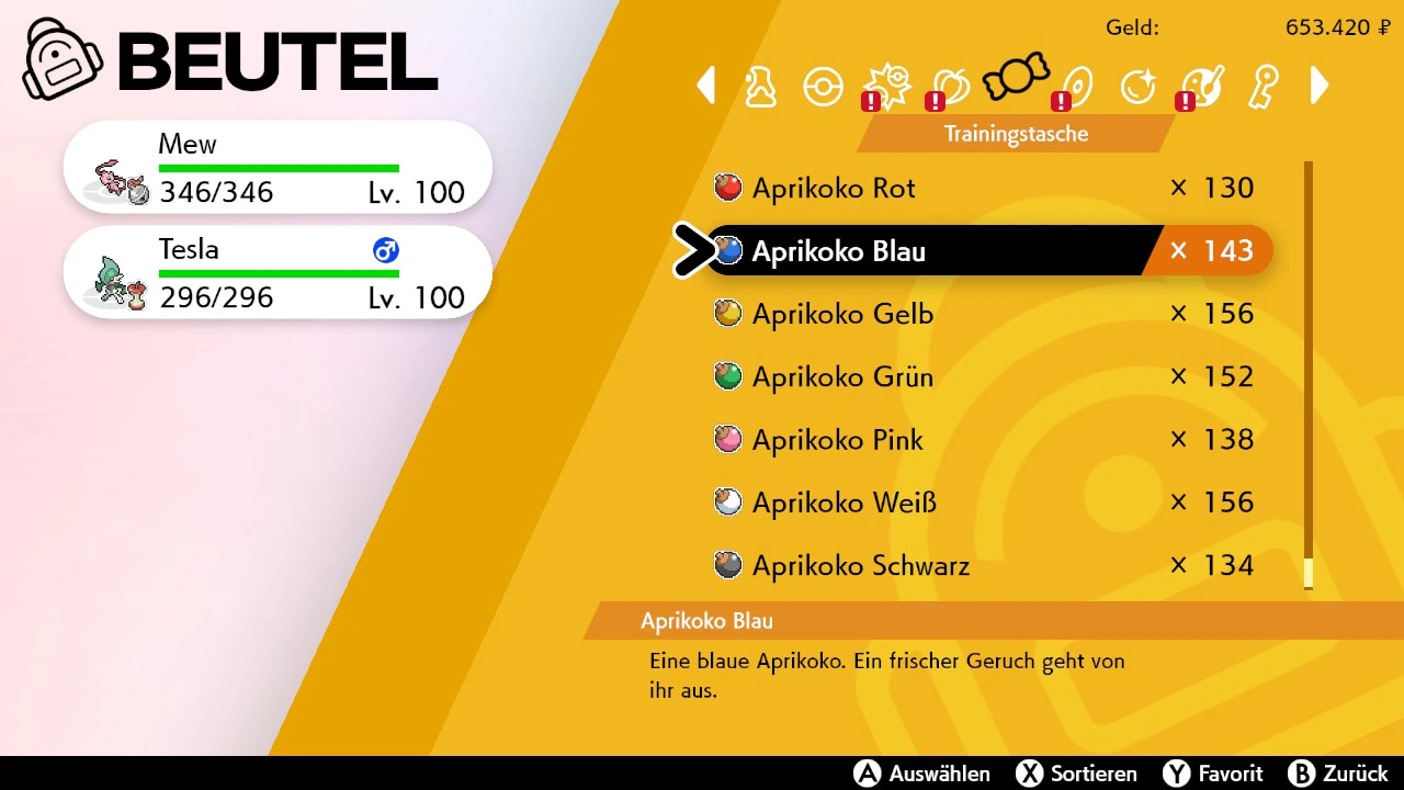 The bag lists all seven Apricorn colours in Pokémon Sword