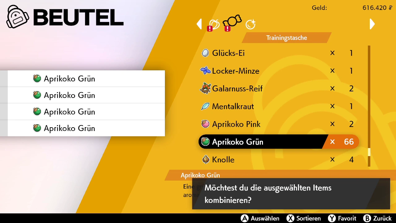Four Green Apricorns selected in the Cram-o-matic ingredient menu in Pokémon Sword