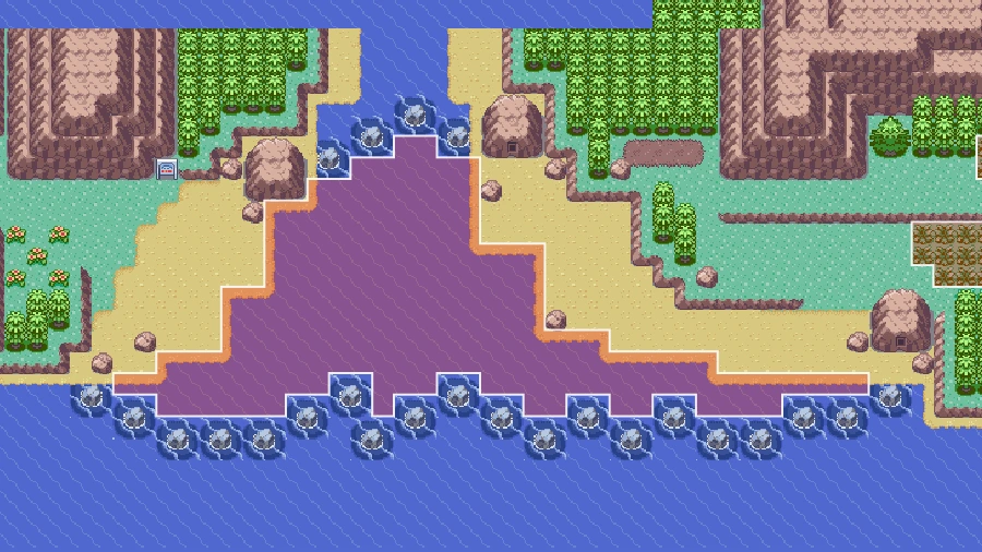 Hoenn Route 118 highlighted on the PokéMaps map, the wide river crossing east of Mauville
