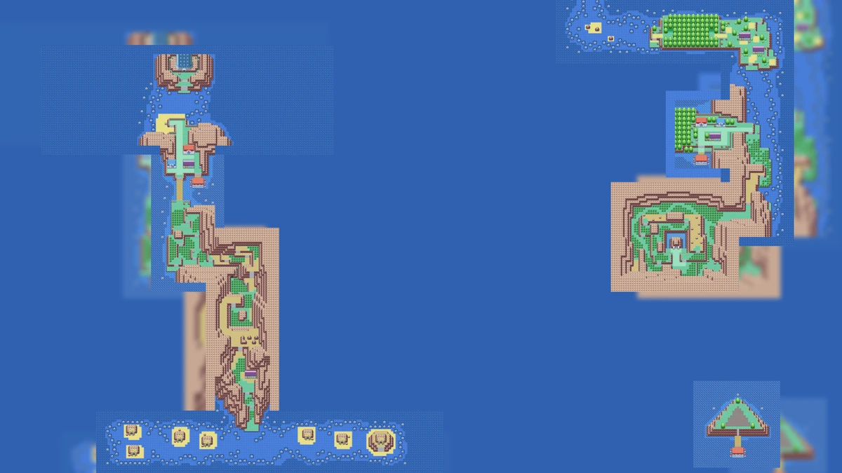 Six Island and Seven Island on the PokéMaps Sevii Islands map, with the Tanoby Ruins to the south