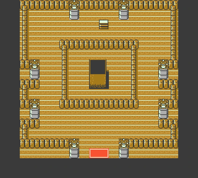 Tin Tower 1F in Crystal with Suicune’s spot in front of the central shrine circled