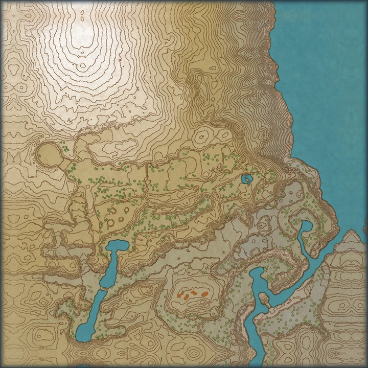 Coronet Highlands on the Hisui map with red badges C, F, J, L and P pointing at the places where those Unown hide