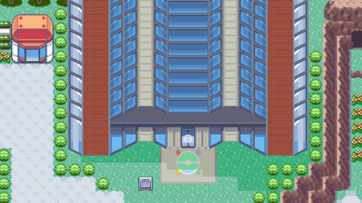 The Hoenn Battle Tower and its entrance plaza on the PokéMaps Hoenn map