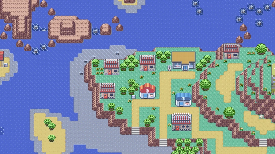 Mossdeep City on the PokéMaps Hoenn map, where Steven Stone gives HM08 Dive from his house