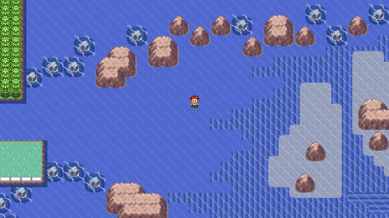 The Route 134 dive area on the PokéMaps Hoenn map with a surfing player marker