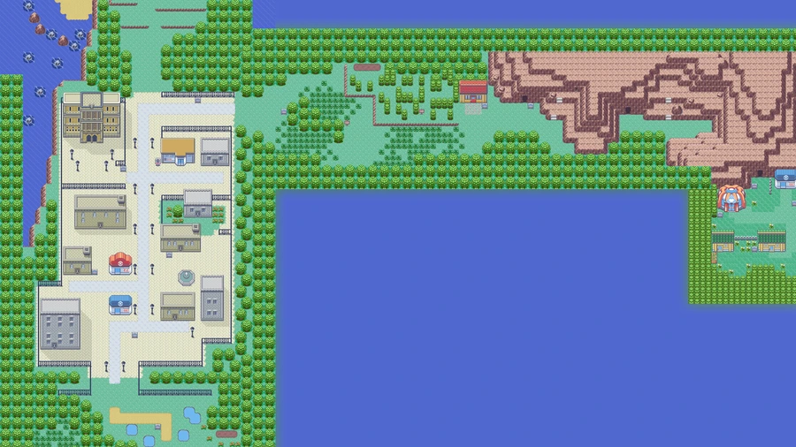 Rustboro City on the PokéMaps Hoenn map, home of the Cutter who gives HM01