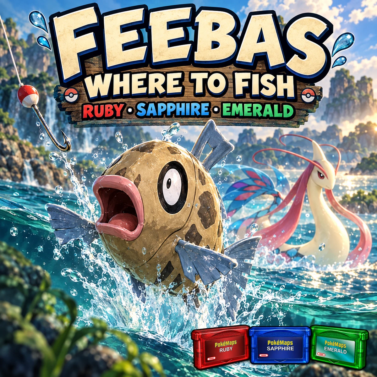 Feebas leaping out of the water with Milotic behind it — where to fish for Feebas in Ruby, Sapphire and Emerald