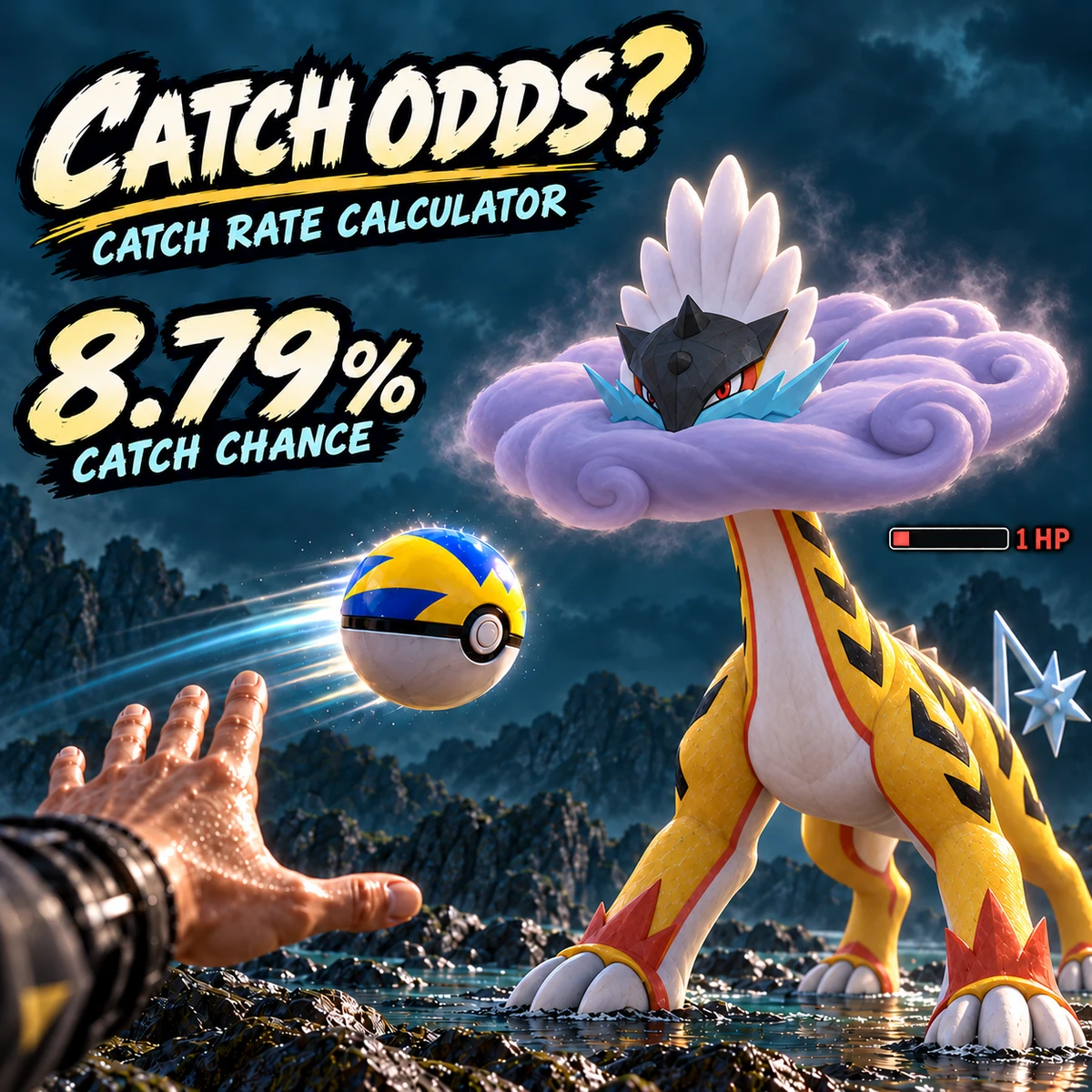 Raging Bolt facing an airborne Quick Ball beside a hypothetical 8.79% catch-chance example