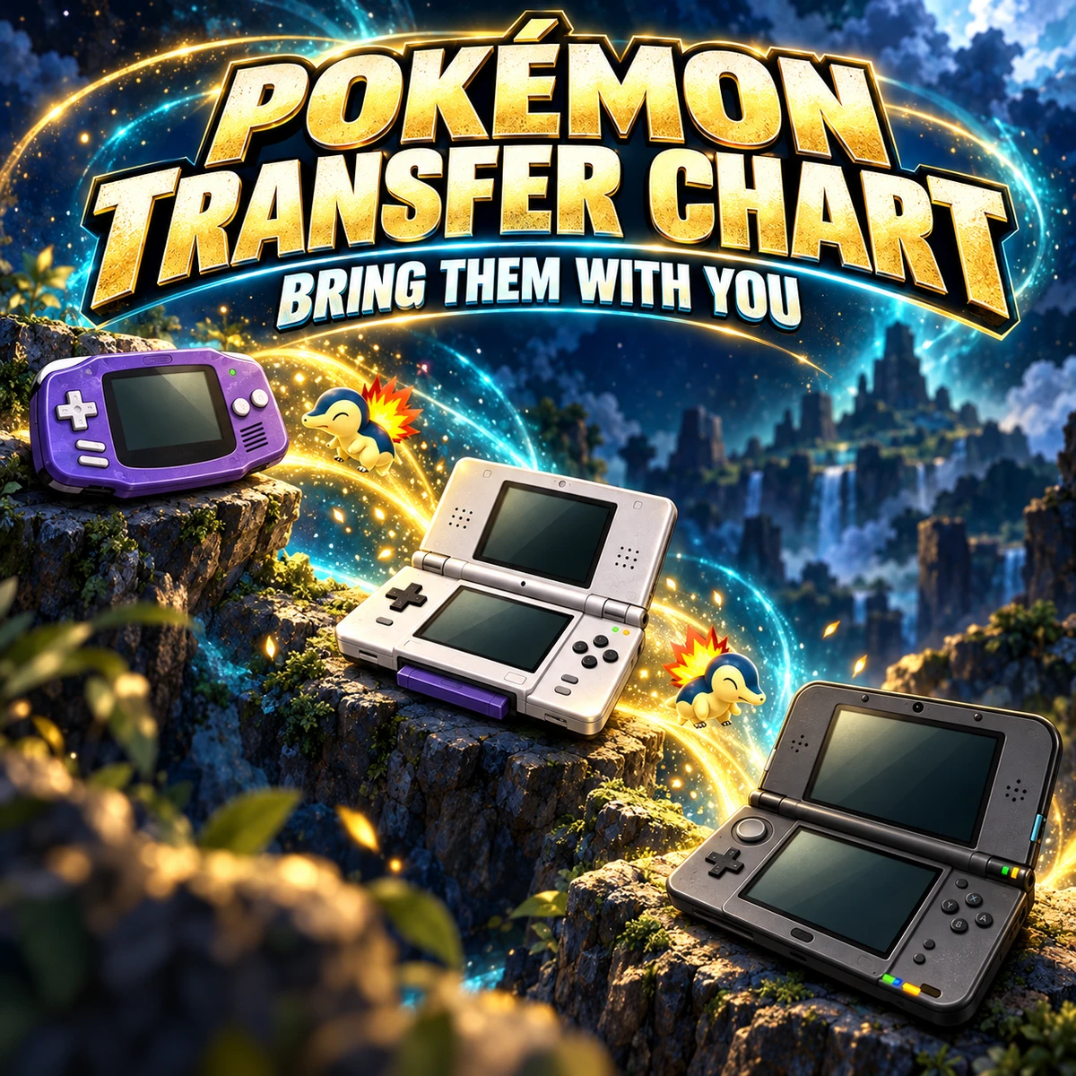 Illustrated Game Boy Advance, Nintendo DS and Nintendo 3DS connected by glowing transfer paths